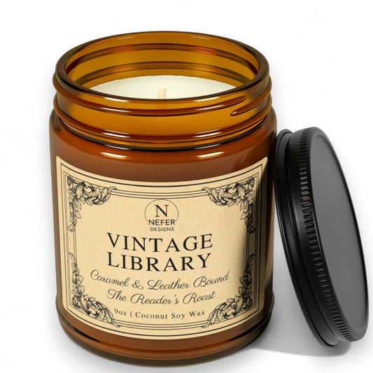 Bookish Candle with a vintage library label in an amber jar on a white background