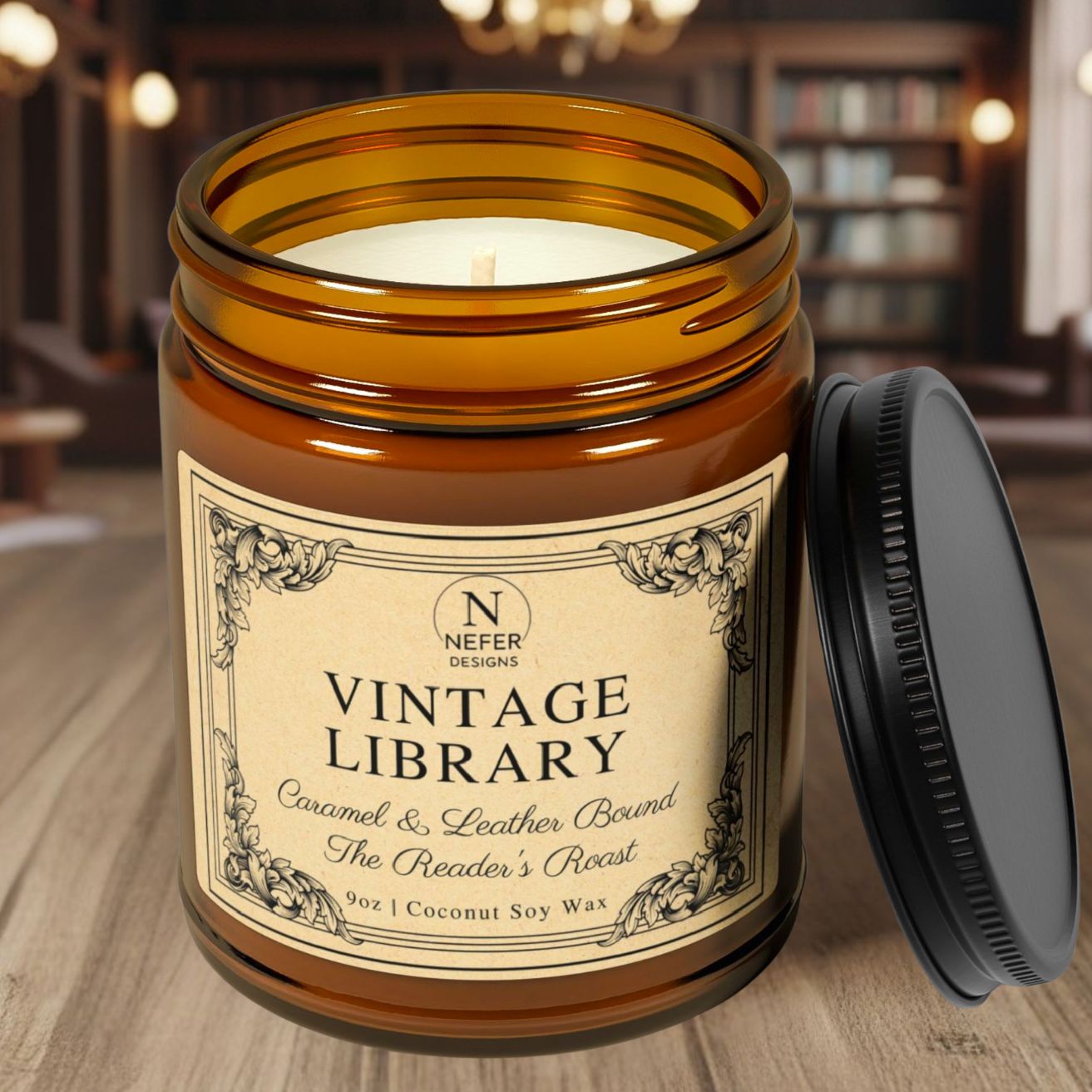 Vintage Library soy candle in an amber jar with a label on a wooden surface.