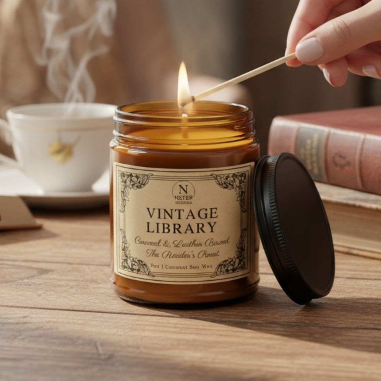 Vintage Library candle being lit with a match on a wooden surface.