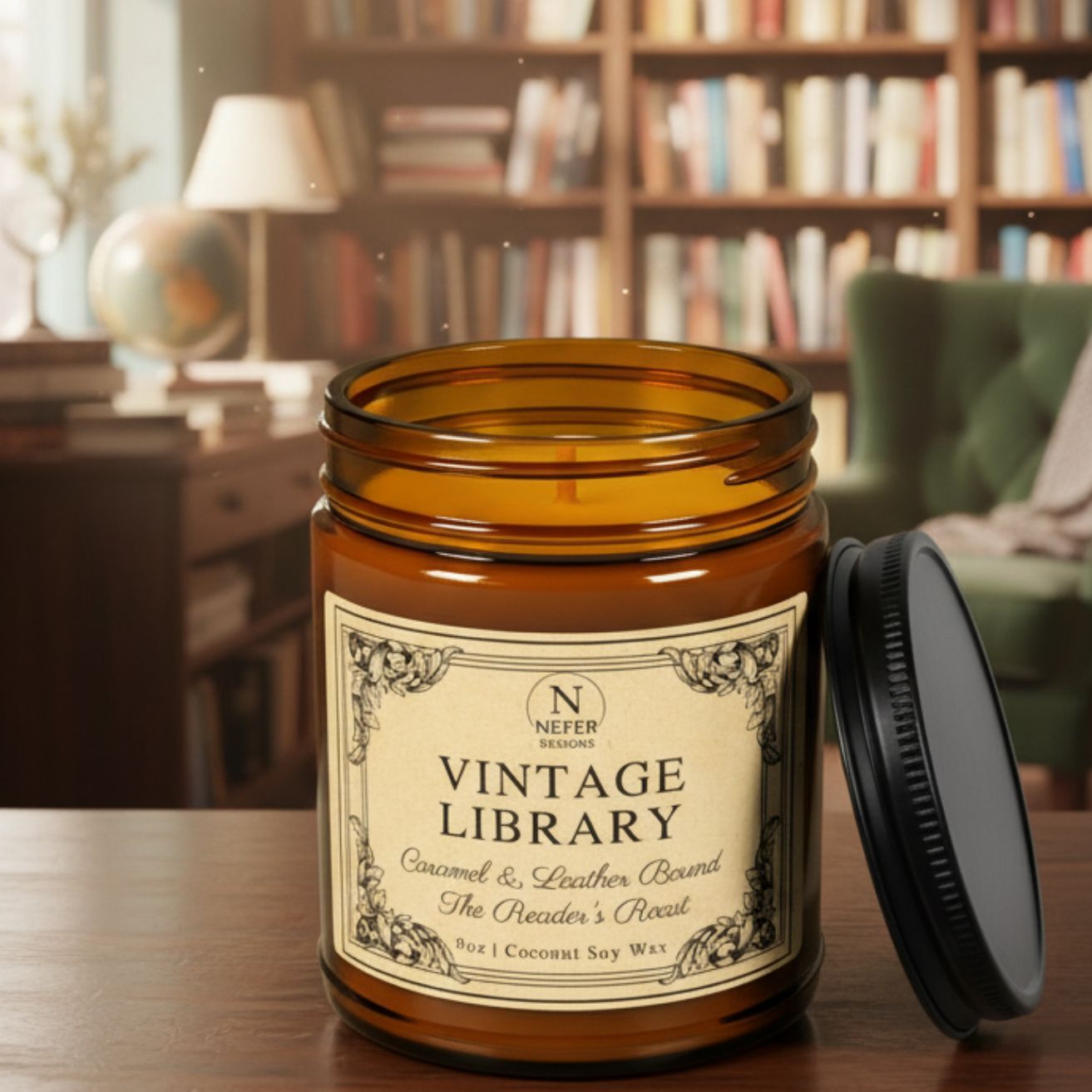 Vintage-style candle jar labeled 'Vintage Library' on a wooden surface with a bookshelf background.