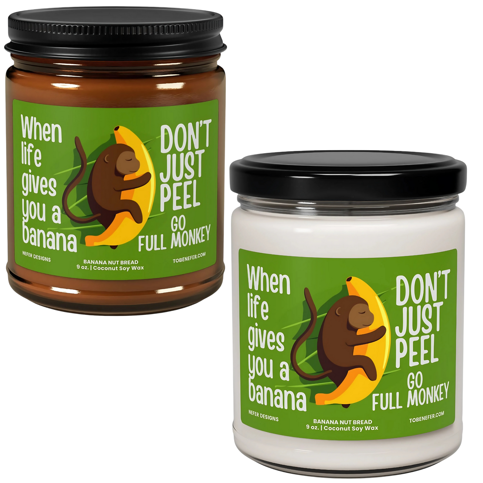 Monkey and Banana themed motivational best friend coworker gift candle clear and amber jar together 2 