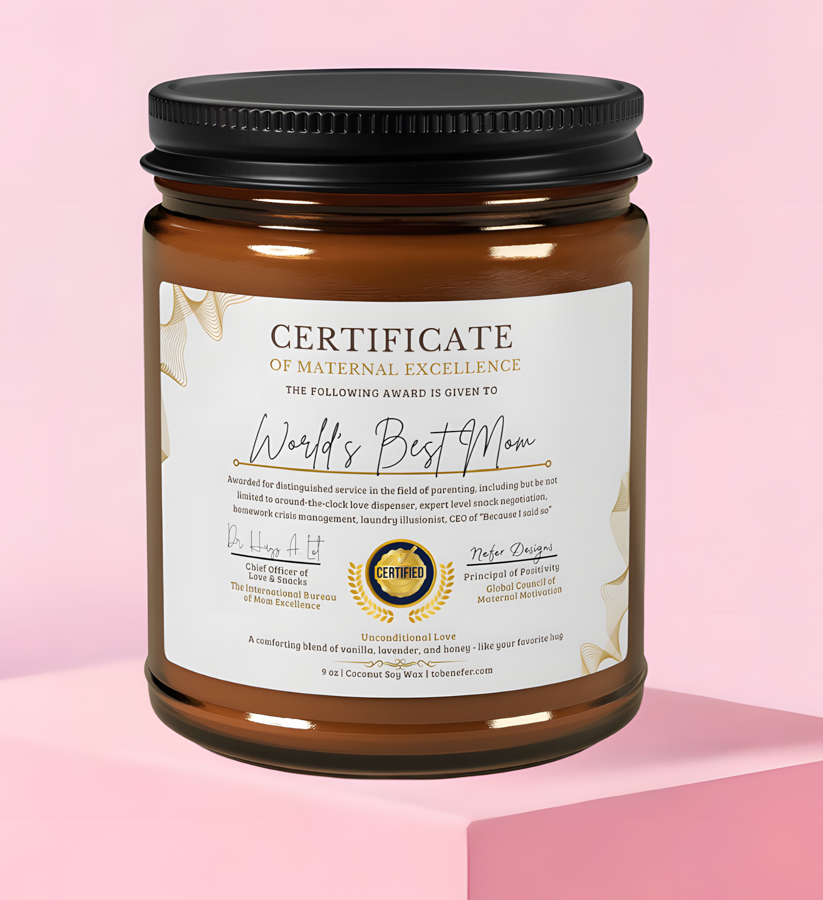 World's Best Mom Certificate Candle in amber jar – lavender honey vanilla scent, 9 oz soy wax, humorous parenting award text