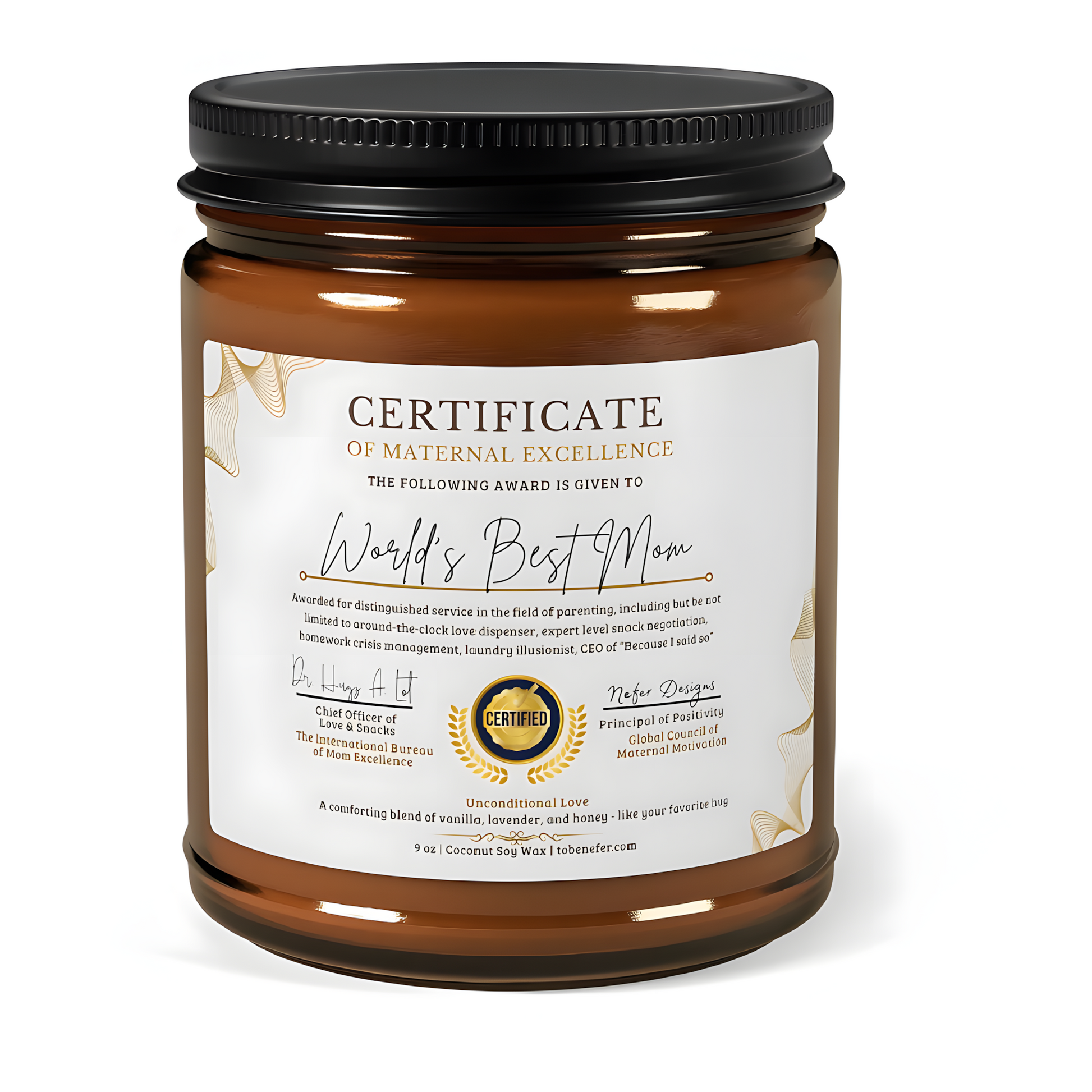 Amber glass candle with mom award label – soothing vanilla lavender honey blend, parenting humor gift