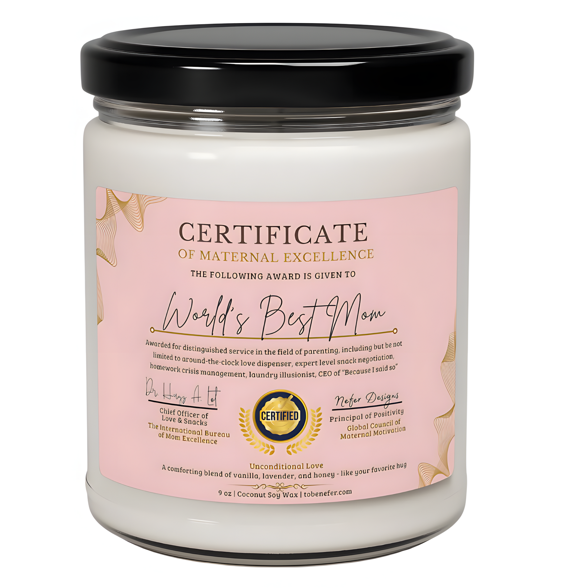 Humor gift candle for moms – clear jar with maternal excellence award, 9 oz vanilla lavender honey soy wax