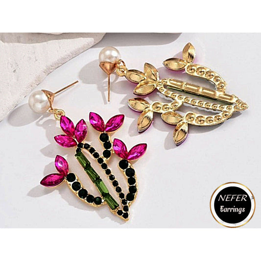Cactus Flower Drop Earrings | Rhinestone Lightweight Earrings | Sparkle Earrings