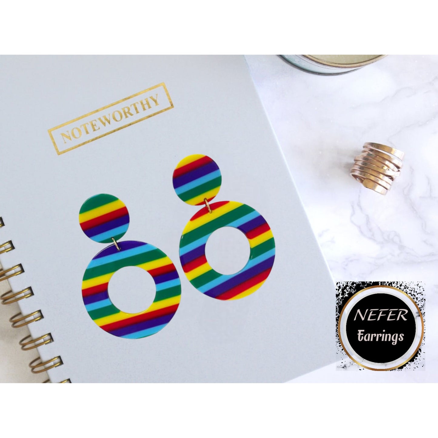 Retro Rainbow Striped Drop Earrings| Polyresin| Lightweight Earrings