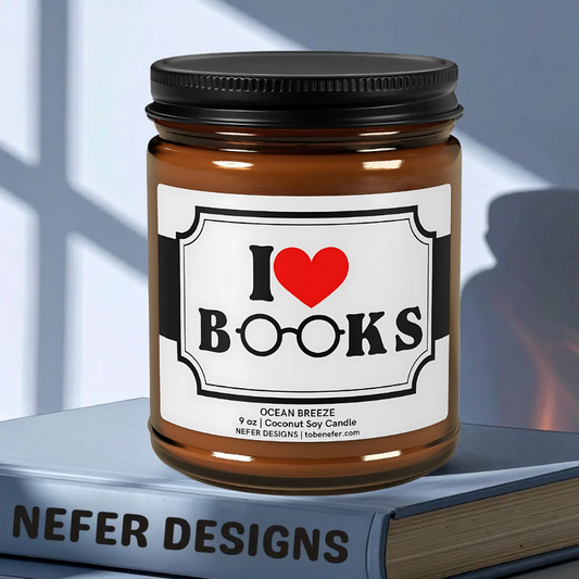 Ocean Breeze scented candle for book lovers - 9 oz coconut soy wax candle in minimalist jar by Nefer Designs, perfect for reading nooks and literary gifts.