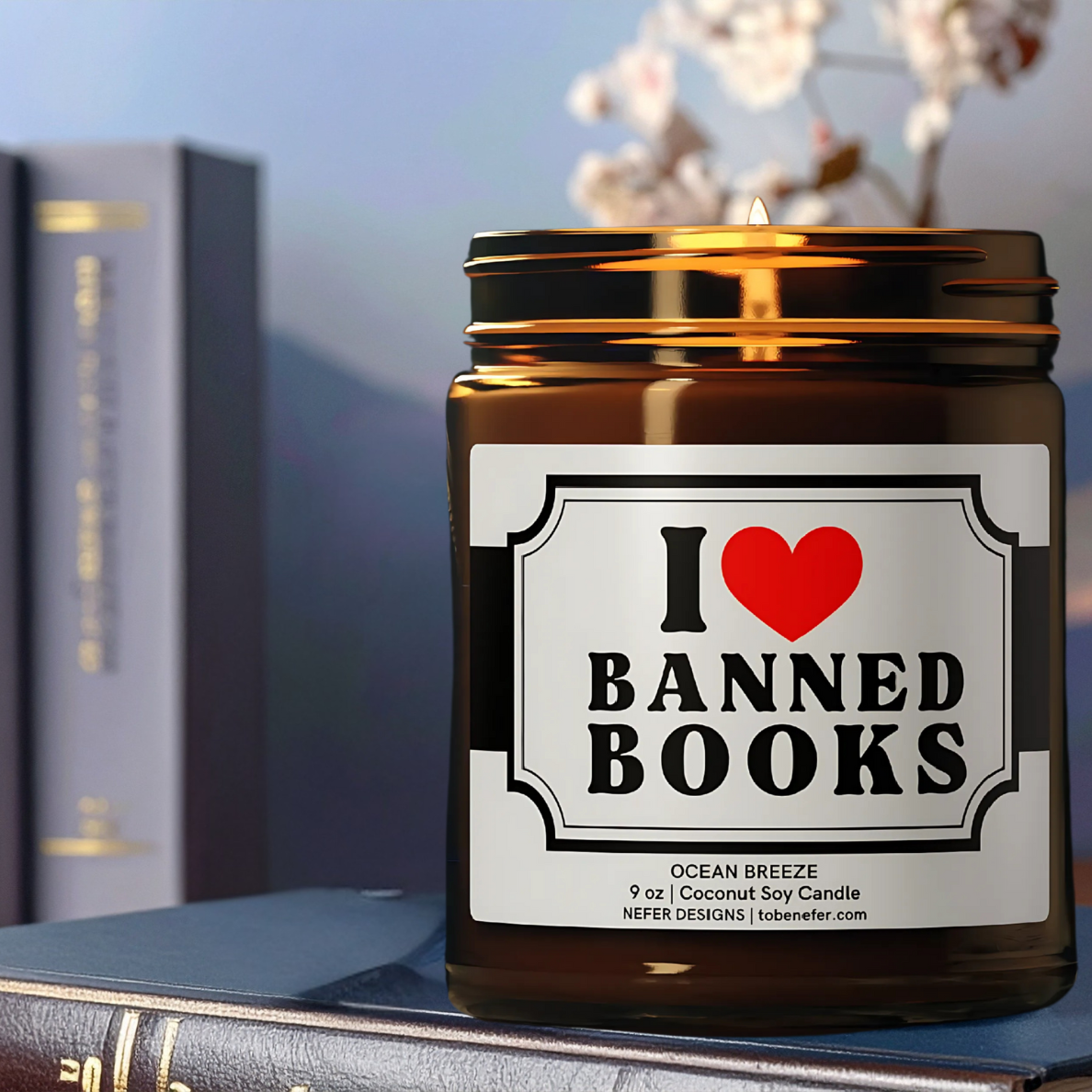 Hand-poured banned book-themed candle with customizable scent, perfect for readers and educators.