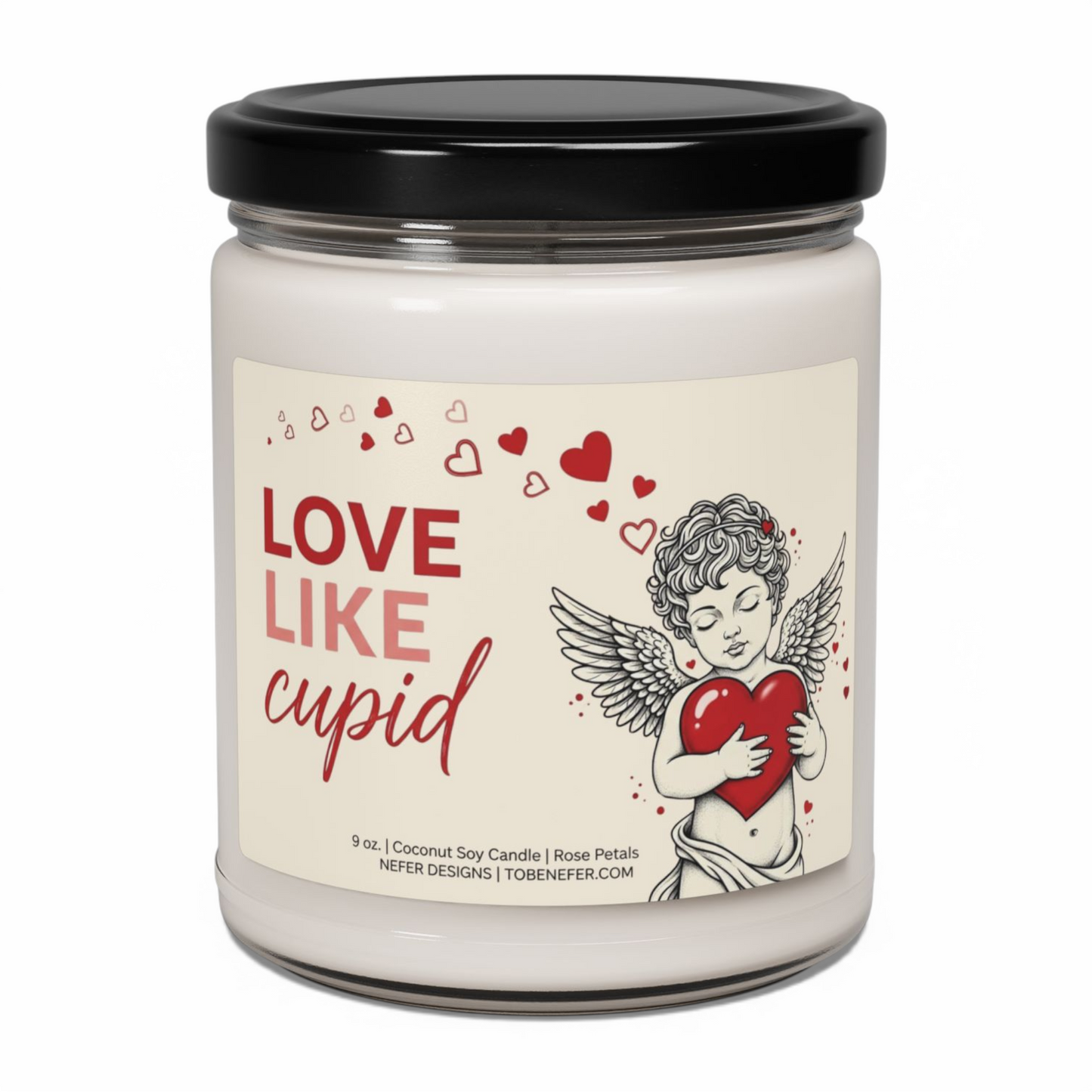 Candle jar with 'Love Like Cupid' label featuring an angel holding a heart on a white background.