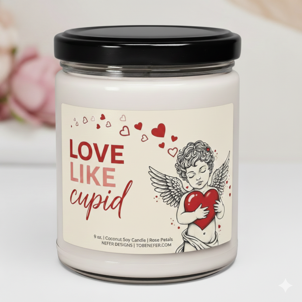 Candle jar with 'Love Like Cupid' label featuring an angel holding a heart on a light background.