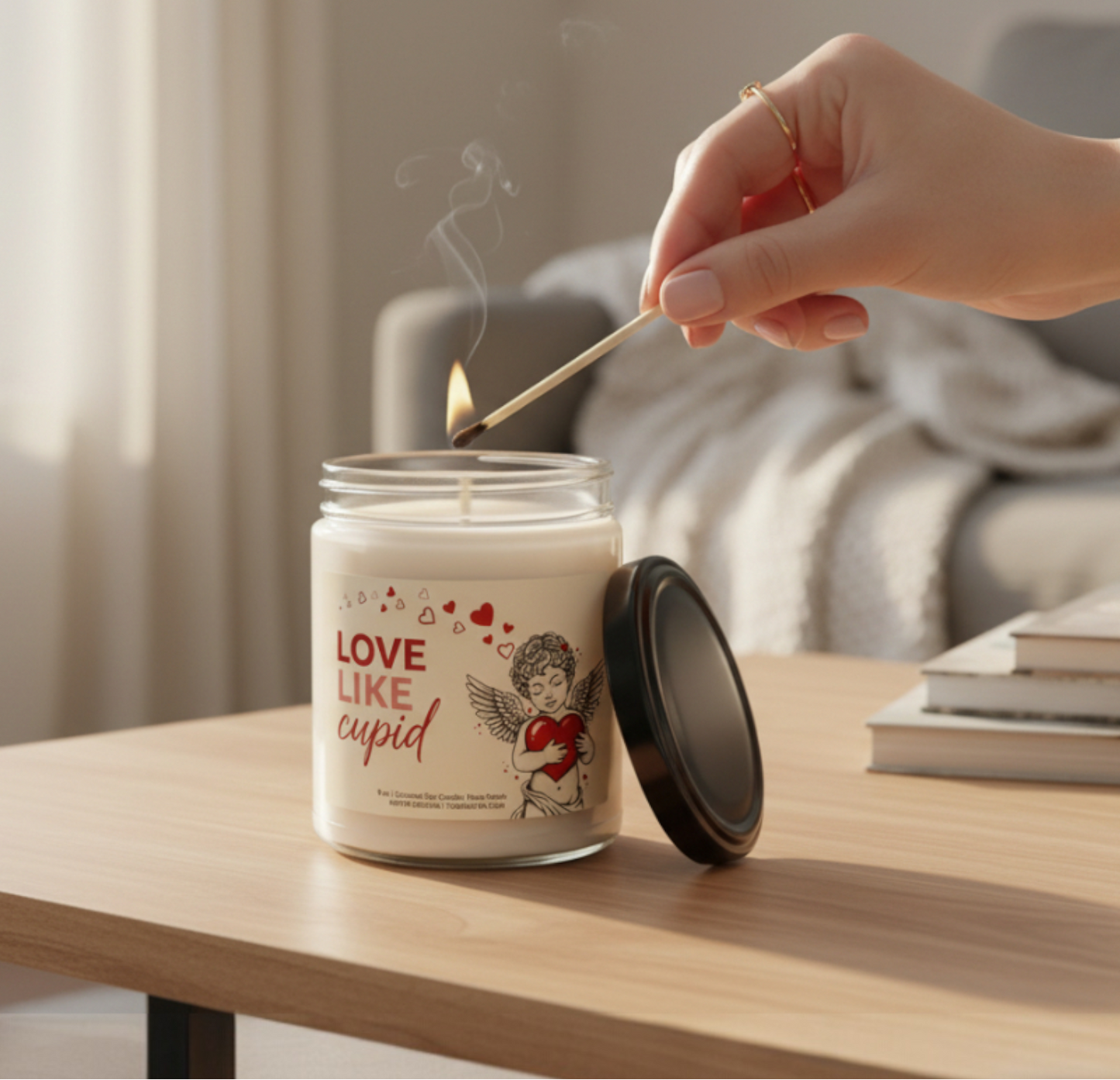 Person lighting a candle labeled 'Love Like Cupid' on a table.