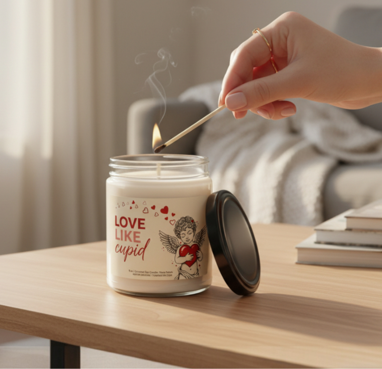 Person lighting a candle labeled 'Love Like Cupid' on a table.