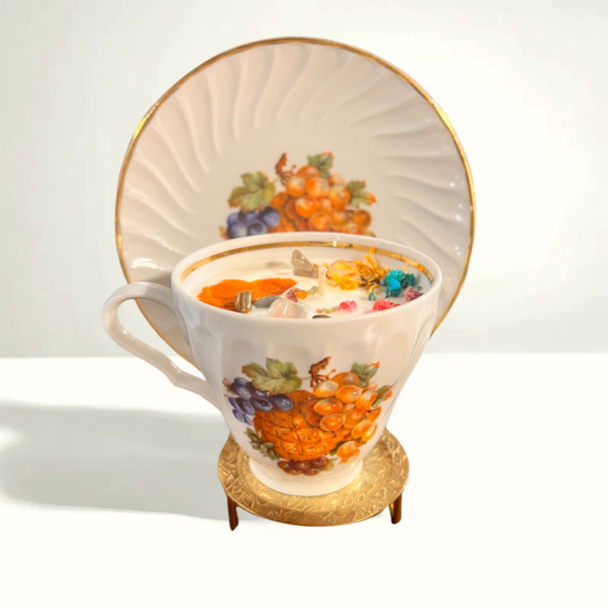 Vibrant European porcelain with detailed fruit motifs—ideal for collectors or adding rustic warmth to tea time.