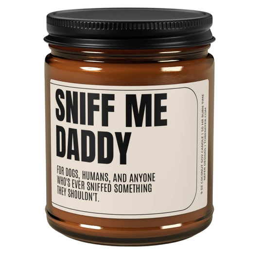 Studio shot of the Sniff Me Daddy candle with a clean, white background for e-commerce product listings.